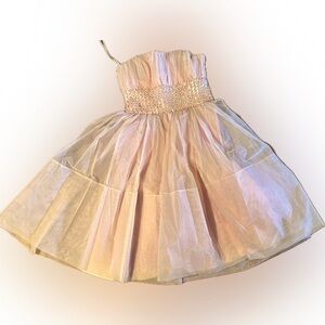 50’s handmade pink tool, sequin and taffeta strapless prom dress above knee!
